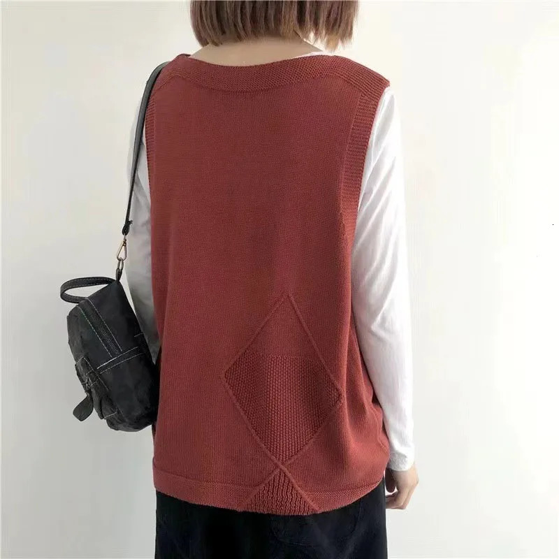 Lucyever Vintage Arts Style Knitted Vest Female Solid Color Sleeveless Button VNeck Waistcoat Women Casual Loose Knitwear Coats 250530