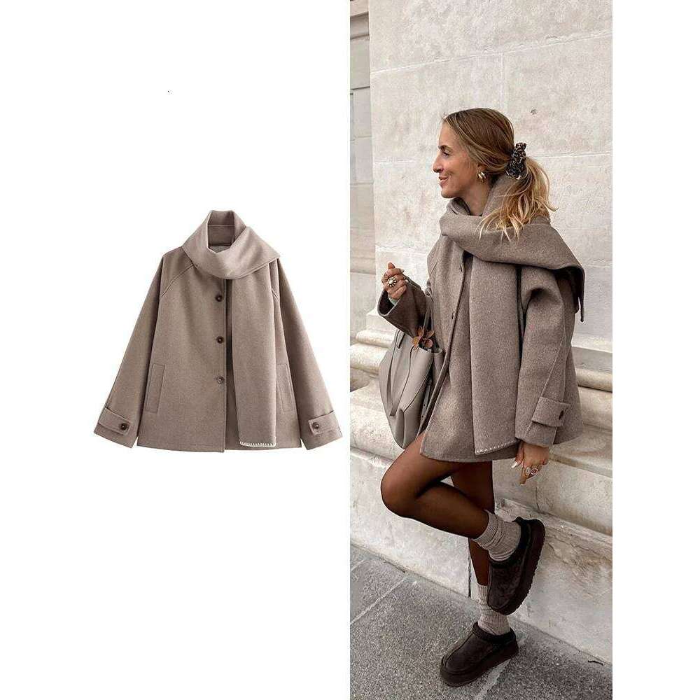 Coats Designer Women TRAF Premium Scarf Trimmed Button Long Sleeve New Solid Colour Fashion Tweed Jacket Temperament Women's Clothing Designer
