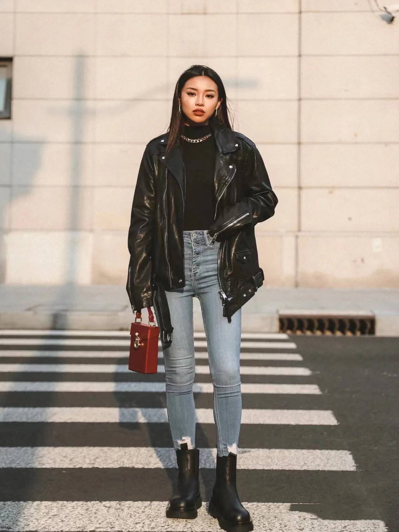 RARF New 2025 Women's Motorcycle PU Imitation Leather Loose Black Jacket