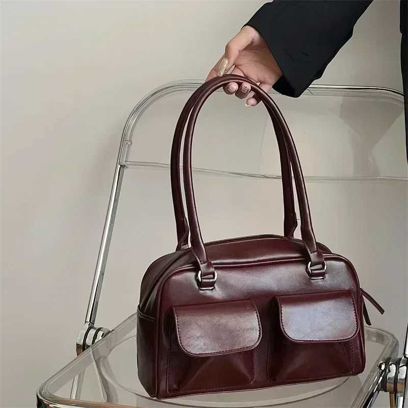 Vintage Women Business Shoulder Bags Simple Ladies Commute Tote Bag Pu Leather Female Underarm Bag Burgundy Large Handbags PurseXJ250605
