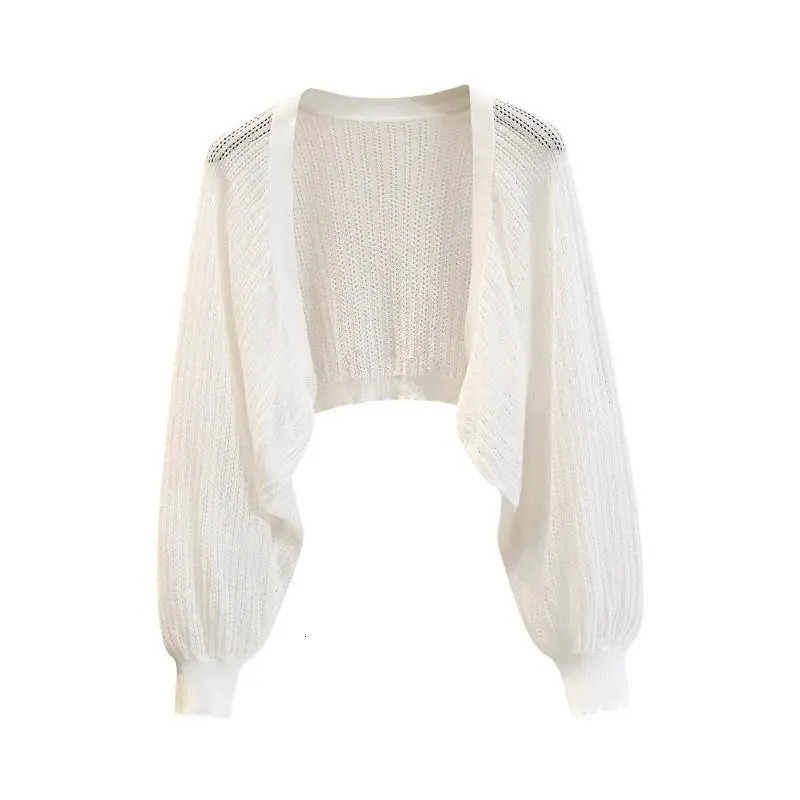 Lantern Sleeve Ice Silk Knitted Cardigan for Women Summer Thin Loose Fit Outerwear with Slip DressSun Protection CoverUp 250530