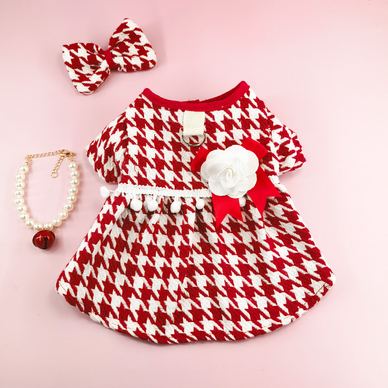 Dog Dress, Luxury Bow Princess Dresses for Girl Dogs Cute Fashion Plaid Pet Skirt with Necklace Hairpin Flower, Cat Puppy Clothes Wedding Party Outfit