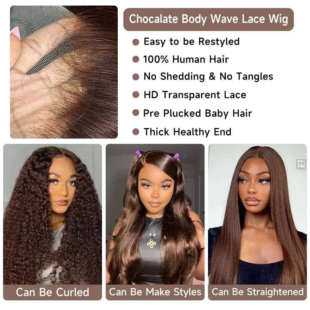 13x6 Frontal Wigs For Women HD 4 Chocolate 13x4 Body Wave Lace Front Wig Brazilian Brown Human Hair Preplucked