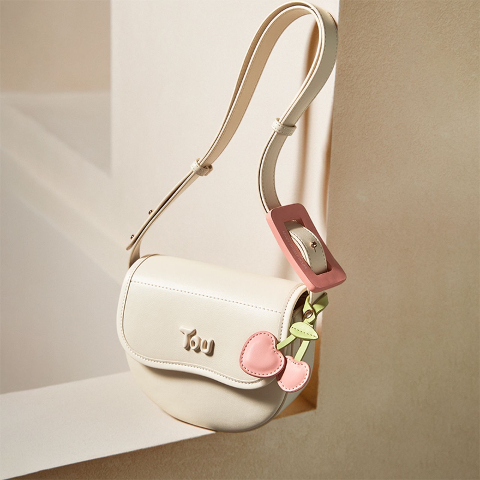 TOUTOU New Premium Texture Cherry Pendant Decorated Mini Saddle Bag Original Handbag Shoulder Bag