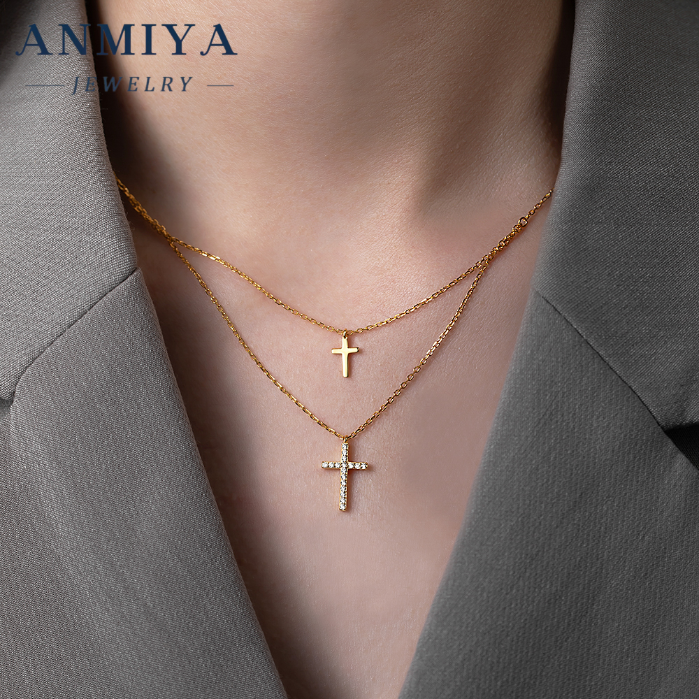 Minimalist 925 Silver Jewelry Double Layered Chain Cross Pendant Necklace with Zircon Inlay for Office and Casual Wear