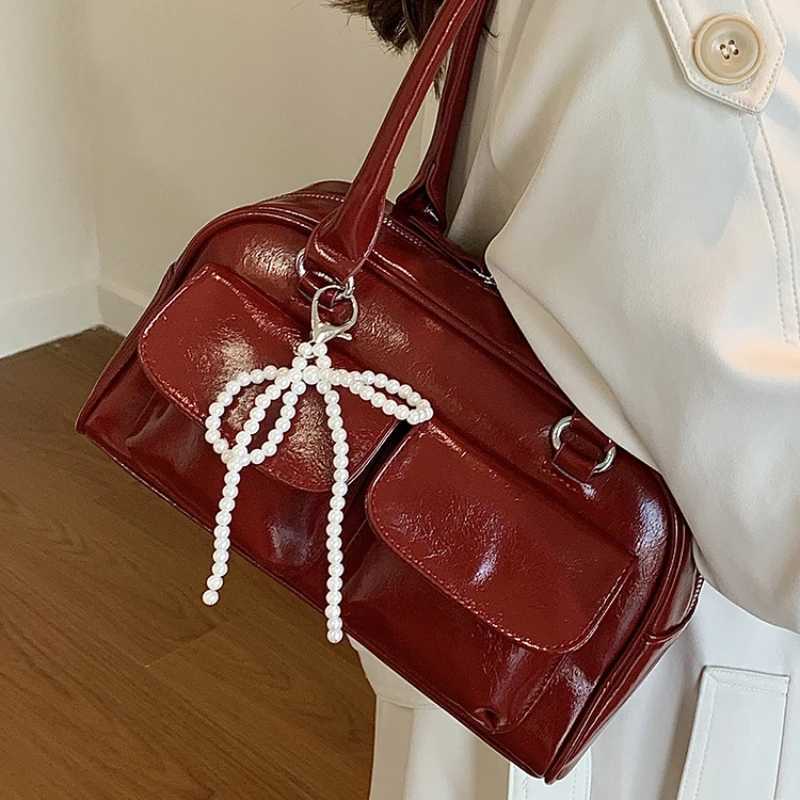 Red Pear Bow Fi Glossy PU Shoulder Bags Fi Versatile Hand Bags 2024 Hot Sale Bags for Women Bolsas Femininas XJ250605