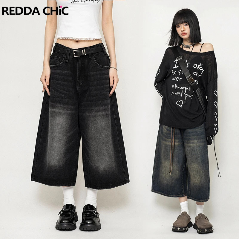 REDDACHiC Boyfriend Style Women Whiskers Denim Shorts Big Size Vintage Casual Wide Pants Baggy Jeans Jorts Grunge Y2k Streetwear 250604