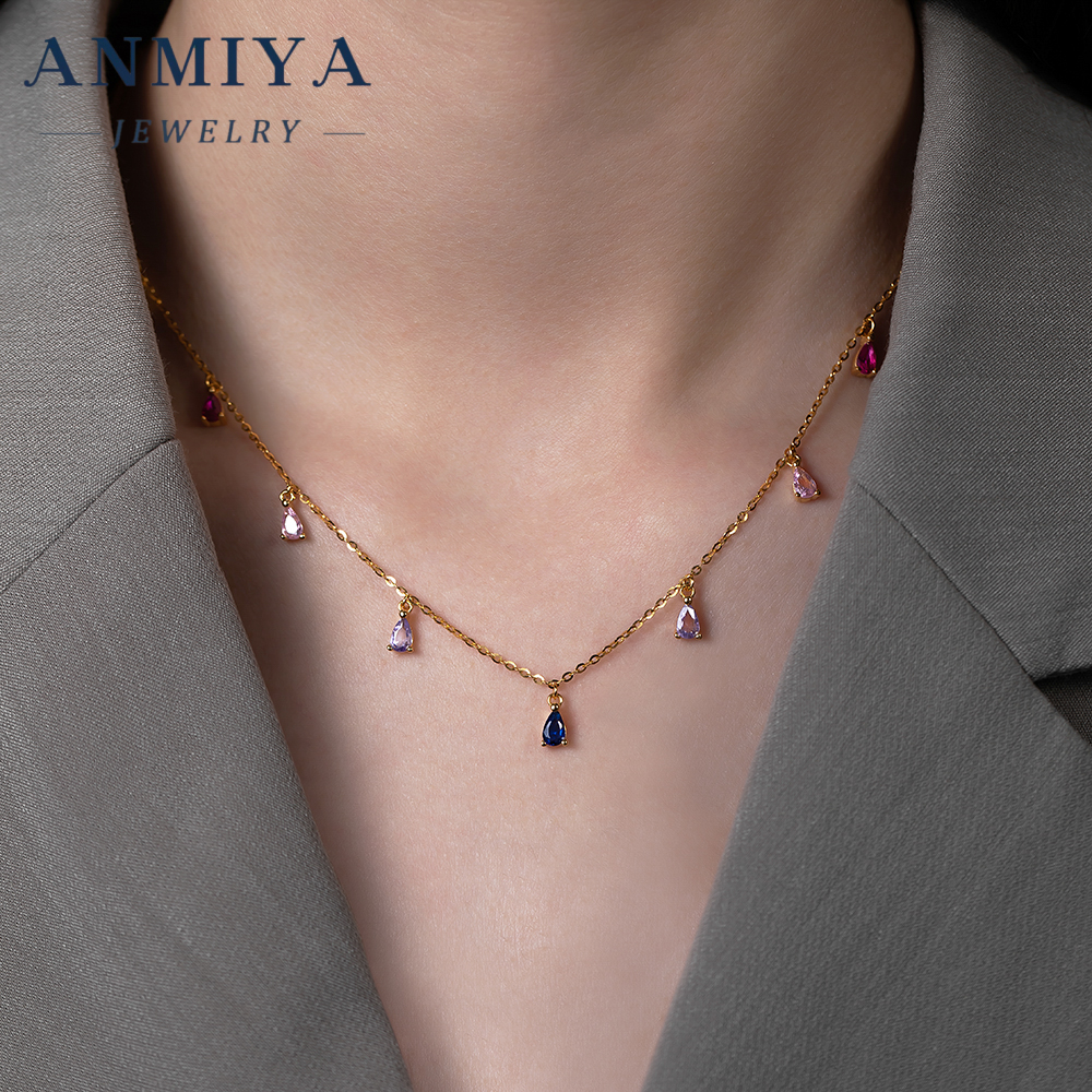 Sparkling Colorful Zircon Accented Silver Jewelry Layered Multi Water Drop Pendant, Tarnish-Resistant 925 Necklace for Daily
