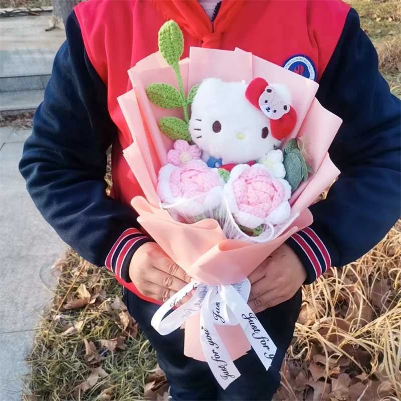 Graduation gift Kuromi Hello Kitty Kuromi Cinnamoroll Plush Bouquet Handmade Knitting Rose Gift Mothers Day Girl Friend Giftsw250605