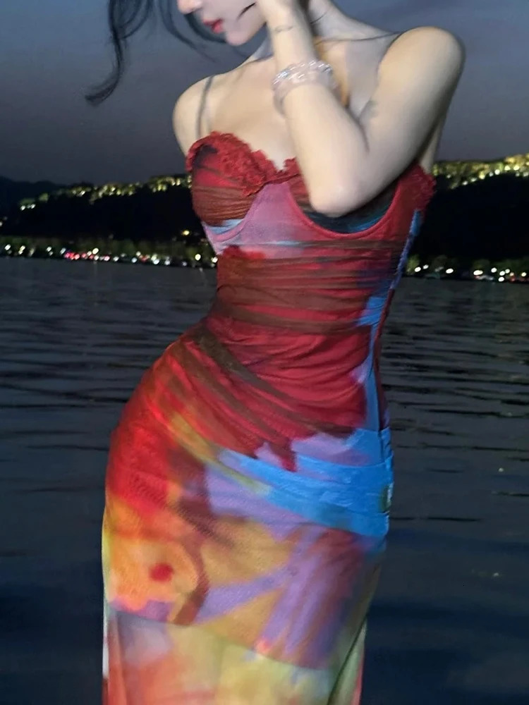 Weird Puss Colorful Print Maxi Dress Patchwork Lace Mesh LowNeck Sleeveless Backless Summer Trend Vacation Clubwear Dresses 250604