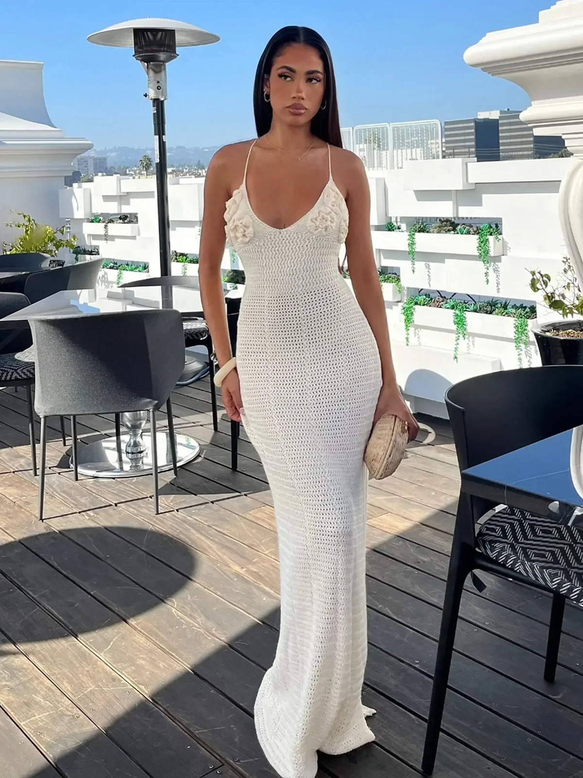 White Knit Cut Out Spaghetti Strap Flower Long Dress Sexy V Neck Bodycon Beach Maxi Dress 2025 Summer Women Holiday Outfit K79 250604