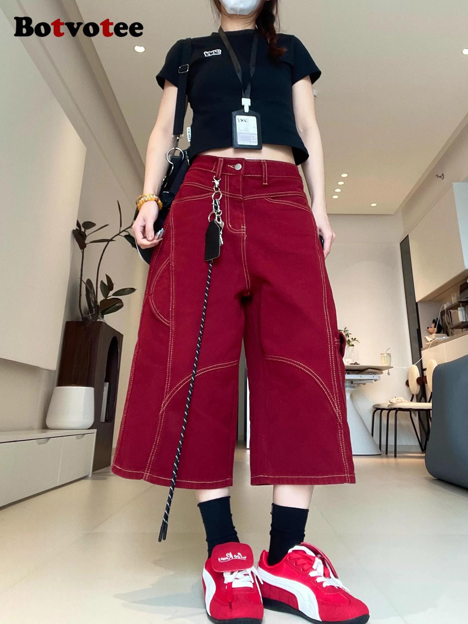 Botvotee Burgundy Calf Jeans for Women High Waisted Wide Leg Baggy Cargo Denim Shorts 2000s Y2k Vintage Streetwear Short Jeans 250604