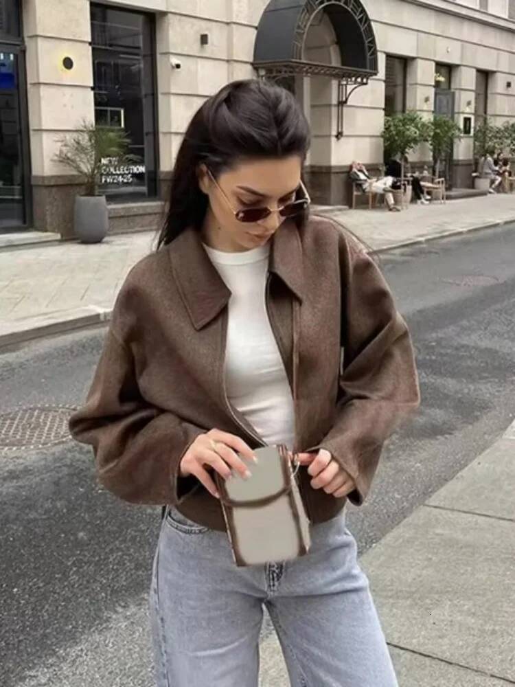 Zipper Crop Jackets For Women Vintage Turn Down Collar Full Sleeves Woolen Coat Lady 2025 Spring Autumn New Chic Casual Overcoat