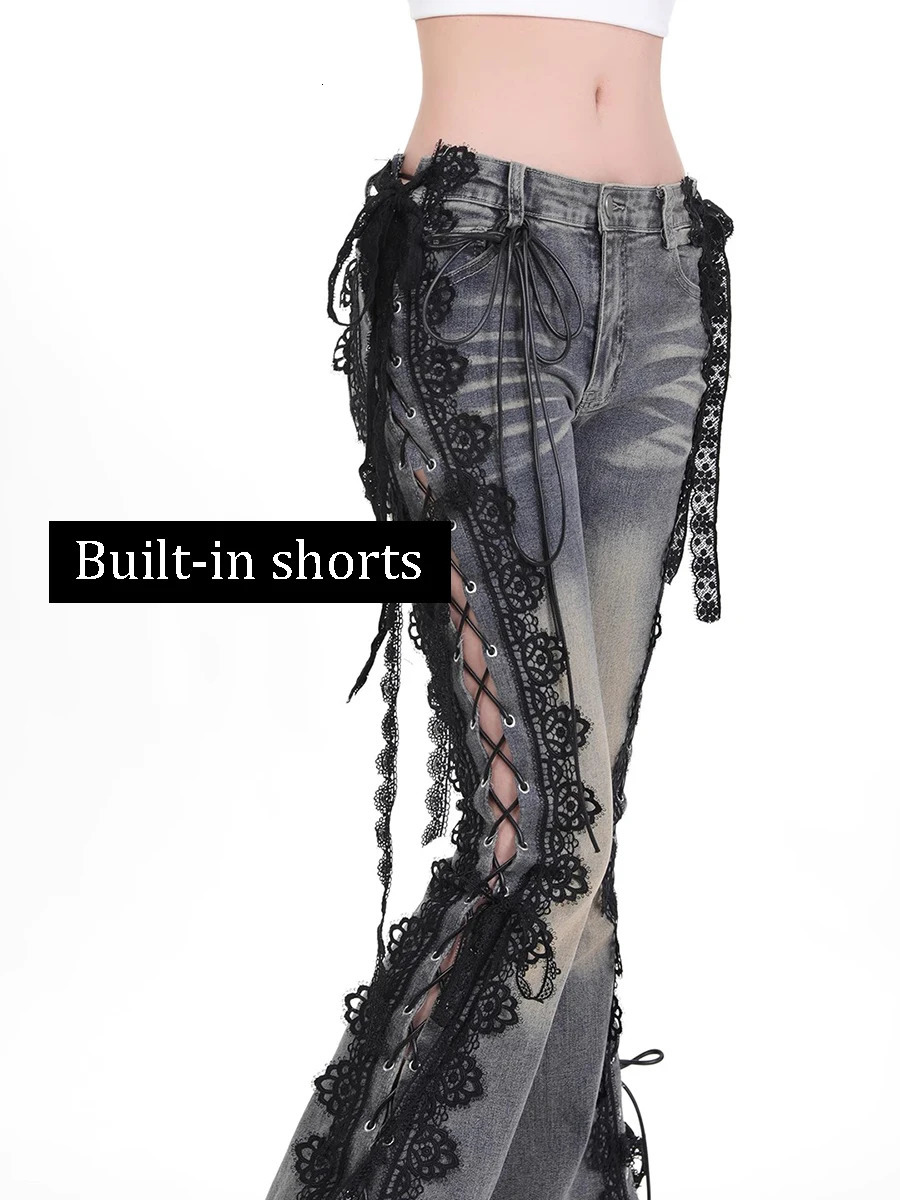 REDDACHiC Split Lace Up Flare Jeans with Liner Shorts Women ICON Street Do Old Stretchy Low Waisted Pants Retro Y2k Bell Bottoms 250604