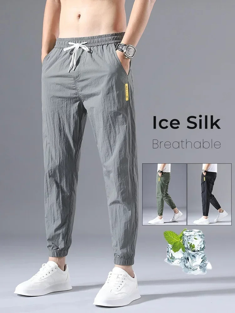 Summer Thin Men Casual Pants Ice Silk Breathable Korean Fashion Jogging Sweatpant Drawstring Bound Feet Ankle Length 250605Z