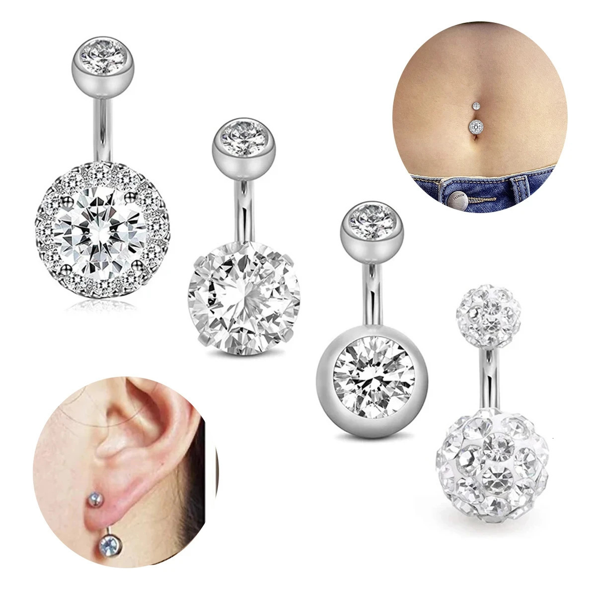 4 Pcs Belly Button Rings 10MM Stainless Steel 14G CZ Navel Rings Barbells Studs Women Girls Body Piercing Jewelry 250530