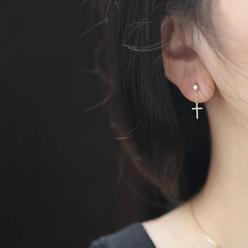 WOOZU 925 Sterling Silver 14k Gold Plated Zircon Cross Tassel Stud Earrings for Women Punk Gothic Birthday Jewelry Gift 250604