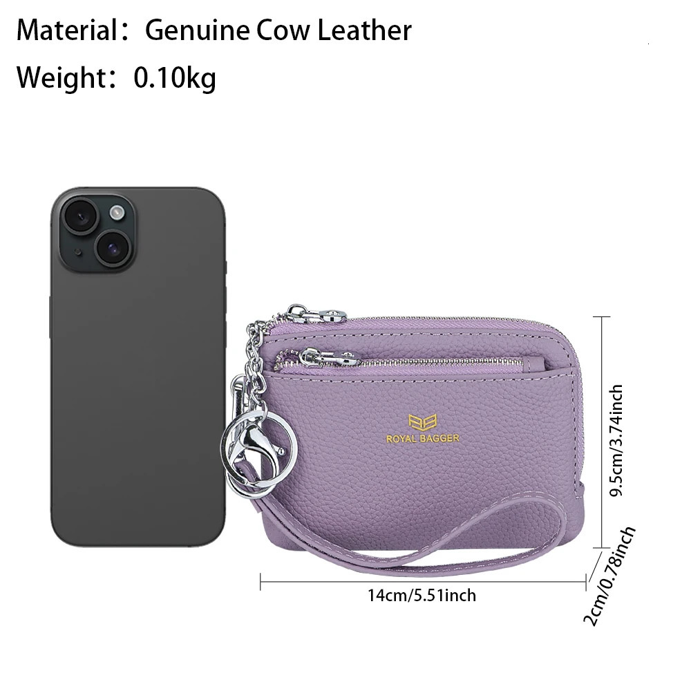 Royal Bagger RFID Coin Purse with Keychain Genuine Leather Multi Zipper Clutch Wallet Portable Wristlet Card Holder 250605