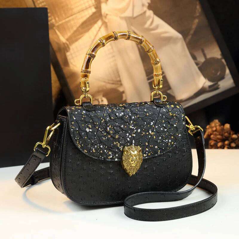 Lion Head Gold Handbag Brand Ostrich Pattern Fashion Design Genuine Leather Lady New Bamboo Handle Versatile Bag