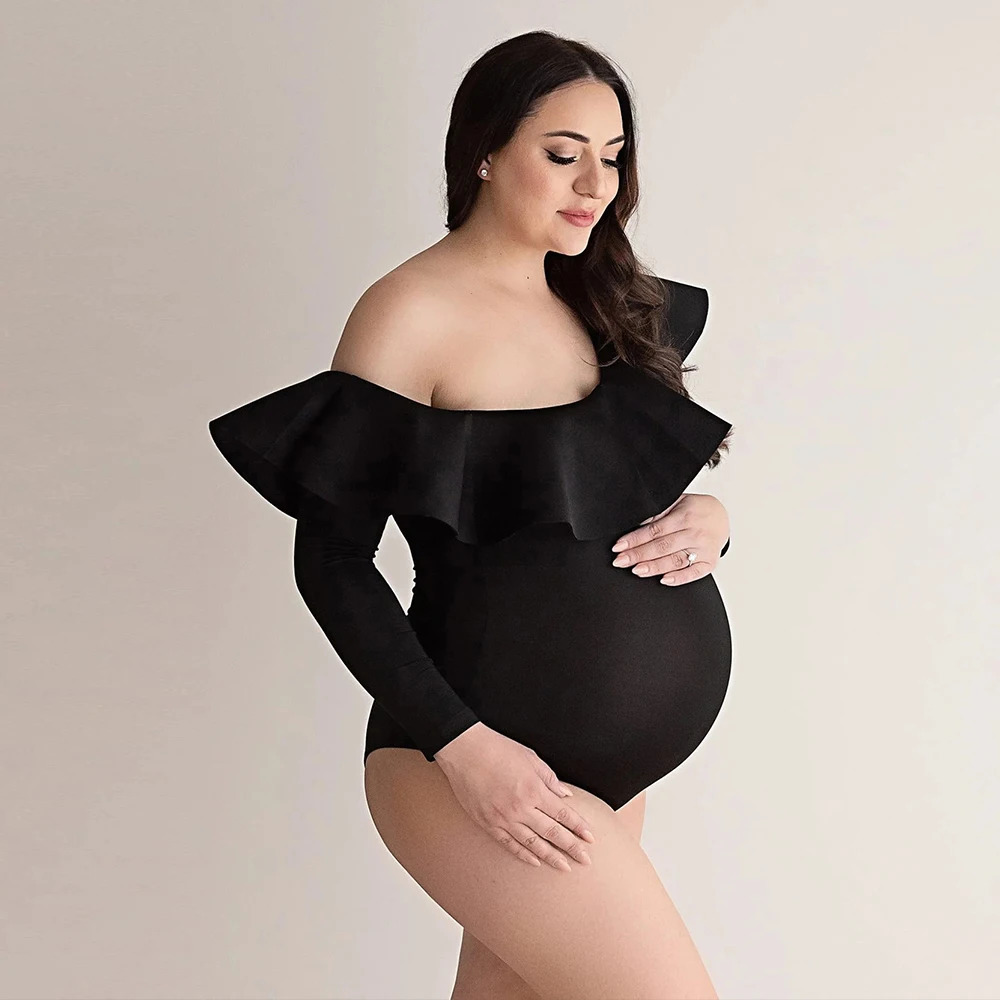 Maternity Poshoots Bodysuit Off Shoulder Ruffle Neck Long Sleeve Sexy Pregnancy Women Leotard Bodycon Po Shoot Props 250530