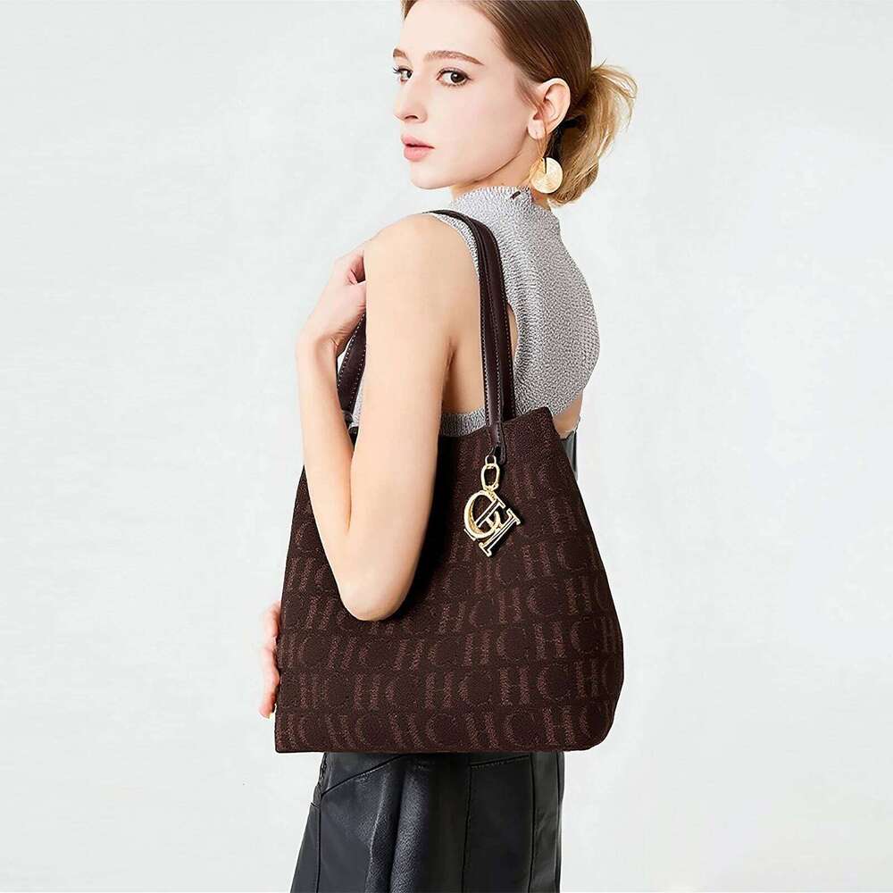 Trendy Solid-Color Women's Bucket Bag - Large Capacity Letter Print Design with Detachable Strap Inner Card Pockets