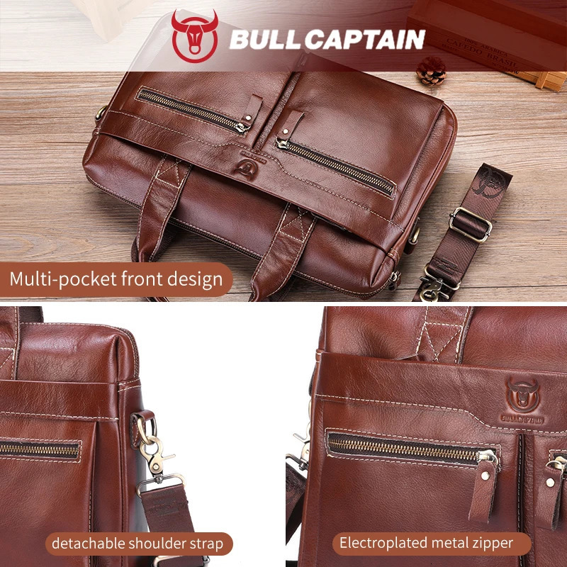BULLCAPTAIN Mens Leather Briefcase Can Be Used For 15.5-Inch Notebook Large-Capacity Work Bags Business Shoulder Messenger Bag 250603