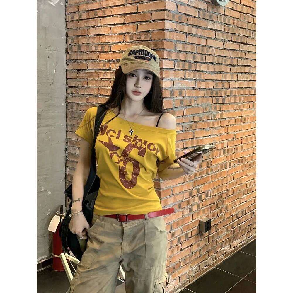 Y2k Sport Summer Off Shoulder Women Sexy Vintage 2000S Short Sleeve T Shirt Lady Body Basic Crop Top Female Casual