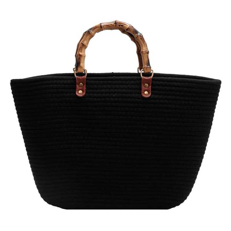 Vintage Knitted Bag Womens Cotton Striped Weaving Bamboo Handle Large Capacity Weaving Handbag Weaving Tote Bag XJ250605