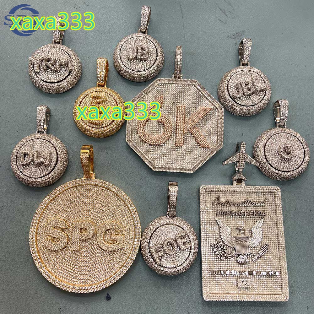 Customizable Hip Hop 925 Sterling Silver Tennis Necklace with Rotating Moissanite Pendant, Frozen Rotating Shape, Personalized Name Initial, Unisex