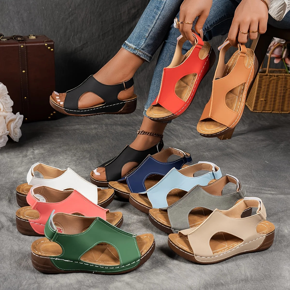 Womens Sandals with Hook and Loop Closure Mid Heel Platform Casual All Season Shoes Sandals 250605