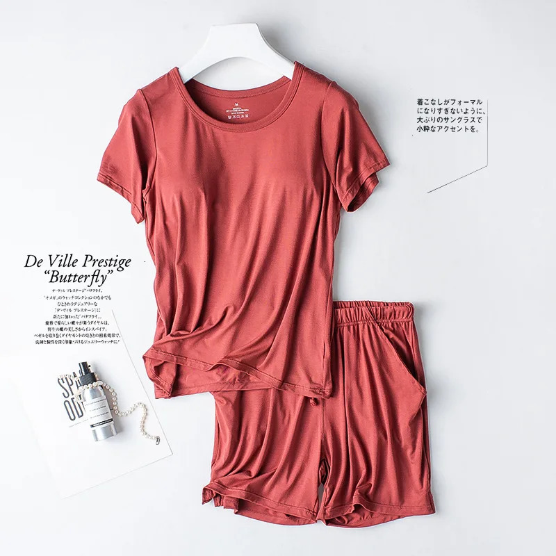 Modal Plus Size Sleepwear Womens Summer Pajamas Two-piece Set with Chest Pad Casual Home Clothes Pajamas Femme Nightwear Suit 250529