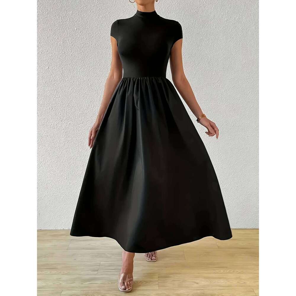Plus Size 1XL-5XL Women's Casual Solid Color Crew Neck Short Sleeve Elegant Fit Flare Long Dress for Everyday Wear