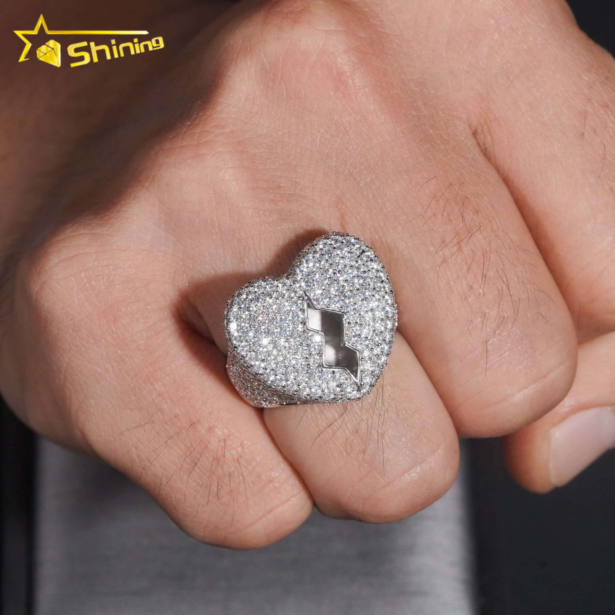 Factory Price GRA Certificate 925 Sterling Silver Gold Plated Fine Jewelry Iced Out Diamond Moissanite Broken Heart Hip Hop Ring