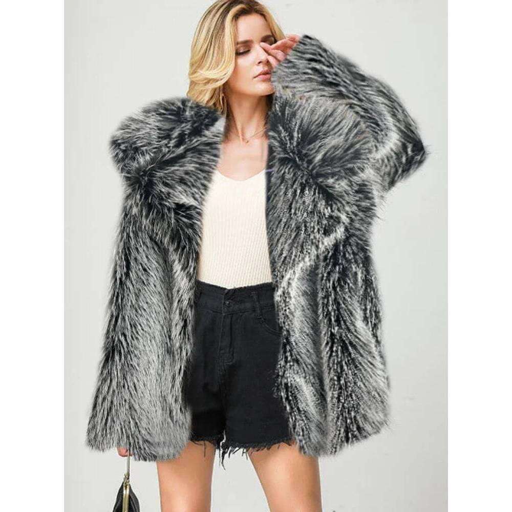 Sier Gray Faux Fur Women Autumn Winter Large Jacket Overcoat Turn Down Collar Pockets Thick Coat Warm Jackets Maxi Coats