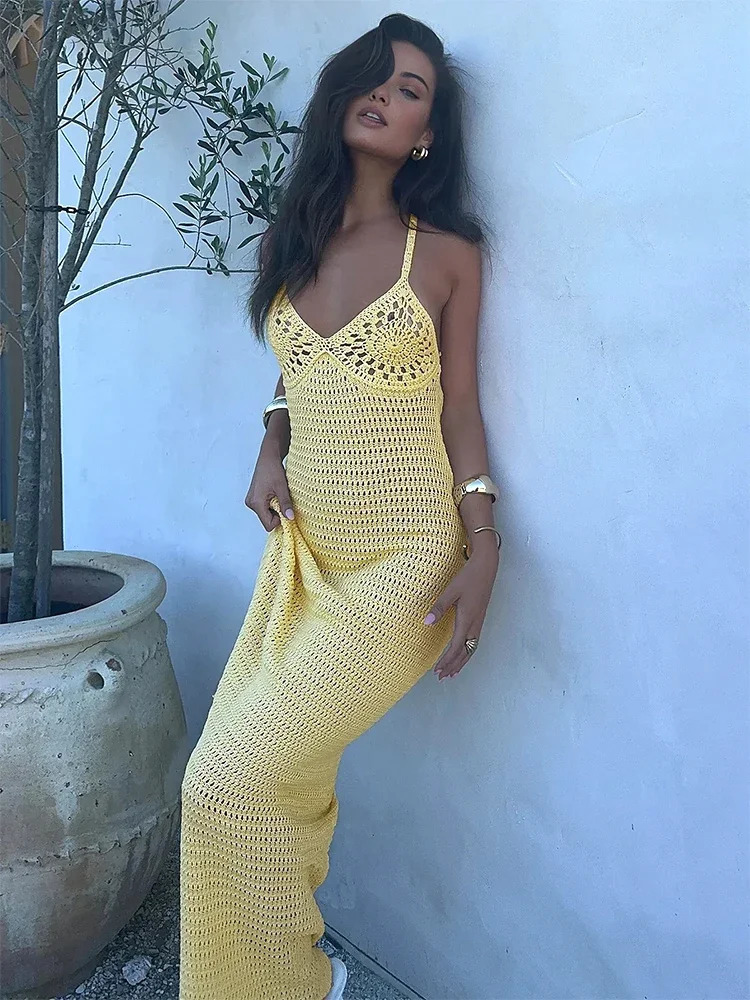 Solid Colour Sexy Knit Cut Out Holiday Beach Dresses Womens 2025 Summer Sexy V-Neck Spaghetti Strap Bodycon Maxi Dress K32 250604
