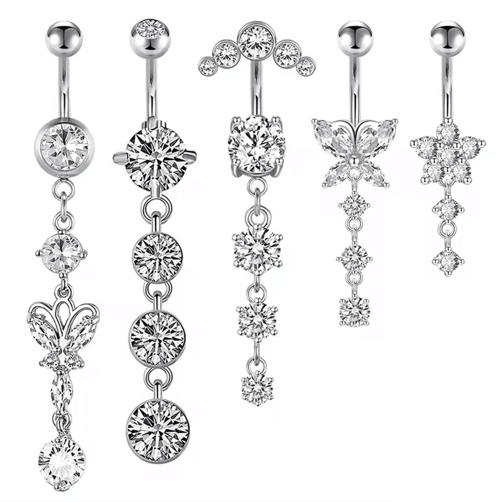 Butterfly Heart-shaped Belly Button Ring Sets Stainless Steel CZ Belly Rings Piercing Ombligo 14G Pink Zircon Navel Piercings 250530