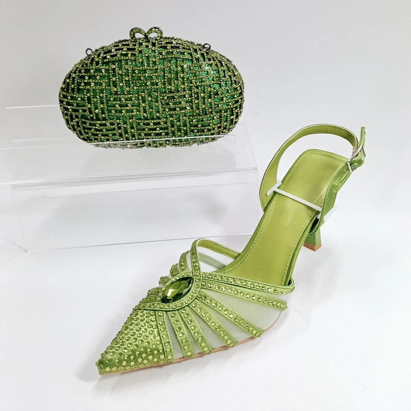 INSIGHTLINK Womens Green Color Rhinestones Shoes and Bag Set Pointed Toe Pumps for Wedding Party Diamonds High Heeled Sandals 250605