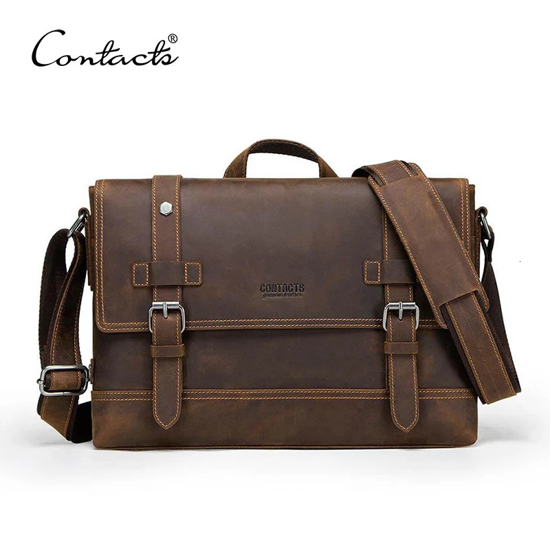 CONTACTS crazy horse genuine leather mens bag vintage man shoulder bags for laptop messenger bags male bolsa crossbody handbag 250603