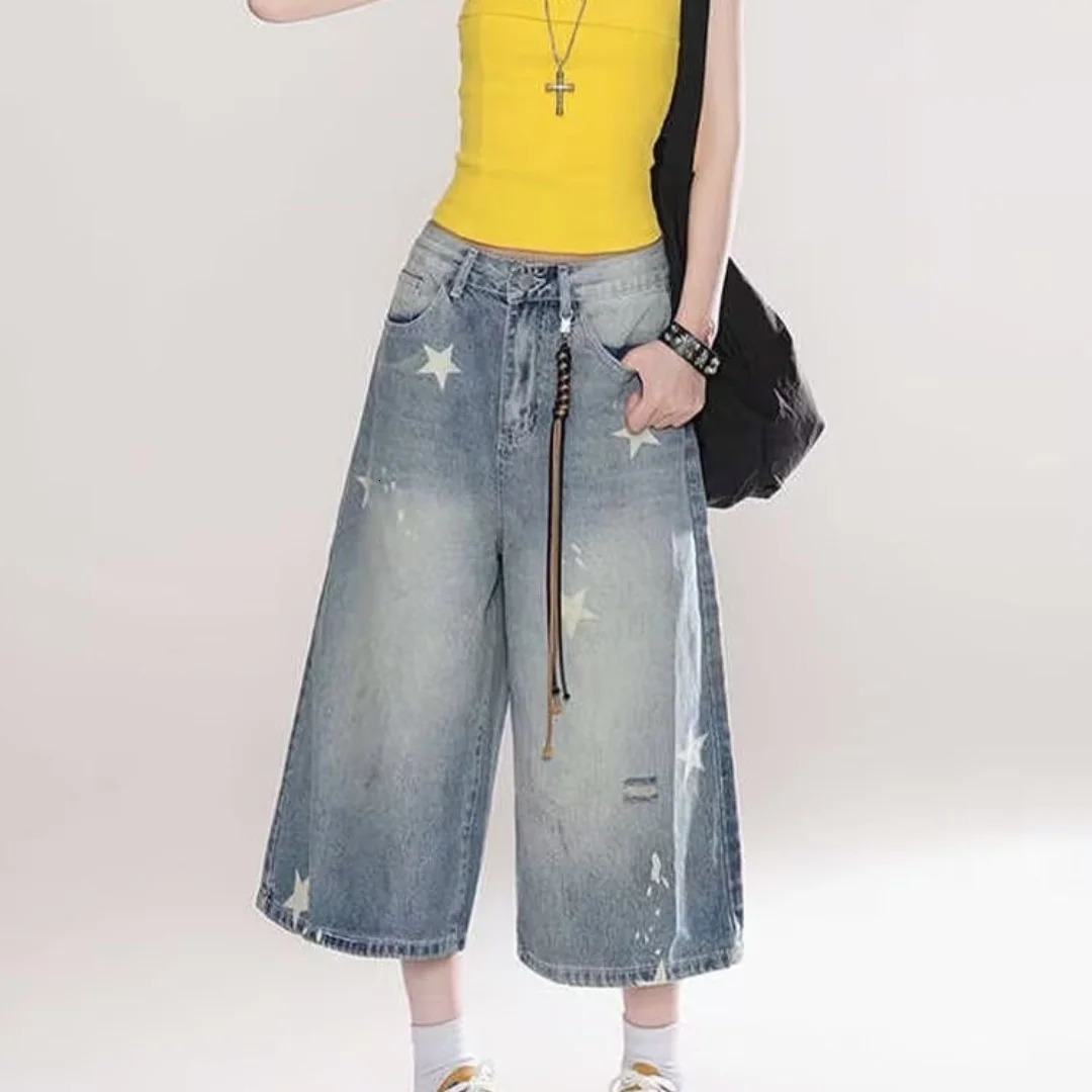 DM American Vintage Washed Star Denim Shorts Y2k High Waist Straight Wide Leg Jeans Loose KneeLength Pants 250604