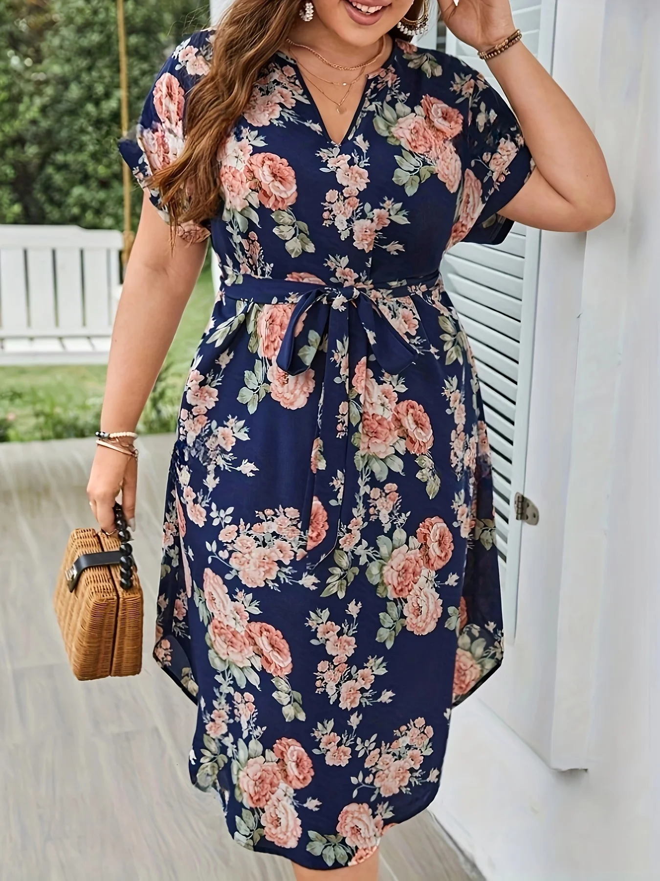 Plus Size Summer Women Elegant Dress Vacation Vintage Floral Print Casual V Neck Lace Up Dresses 250604
