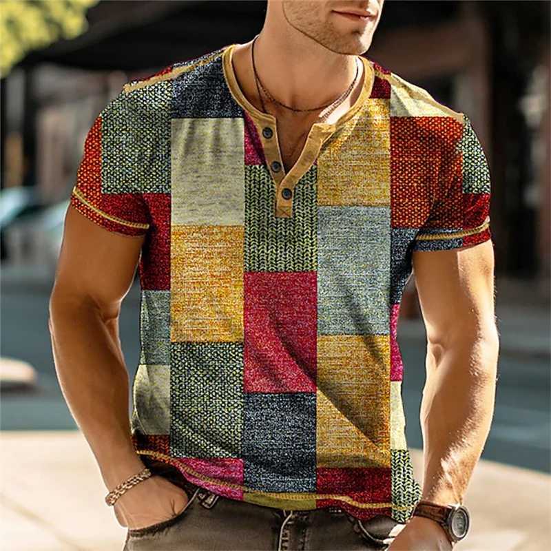 Henley Vintage 3D color block printed mens shirt retro short sleeved mens T-shirt oversized fashionable button top summer casualXJ250605