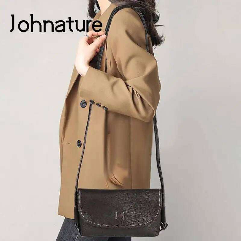 Johnature Vintage Solid Color Women Small Bag 2025 New Genuine Leather Versatile Simple Real Cowhide Shoulder & Crossbody Bags 2025/06/05