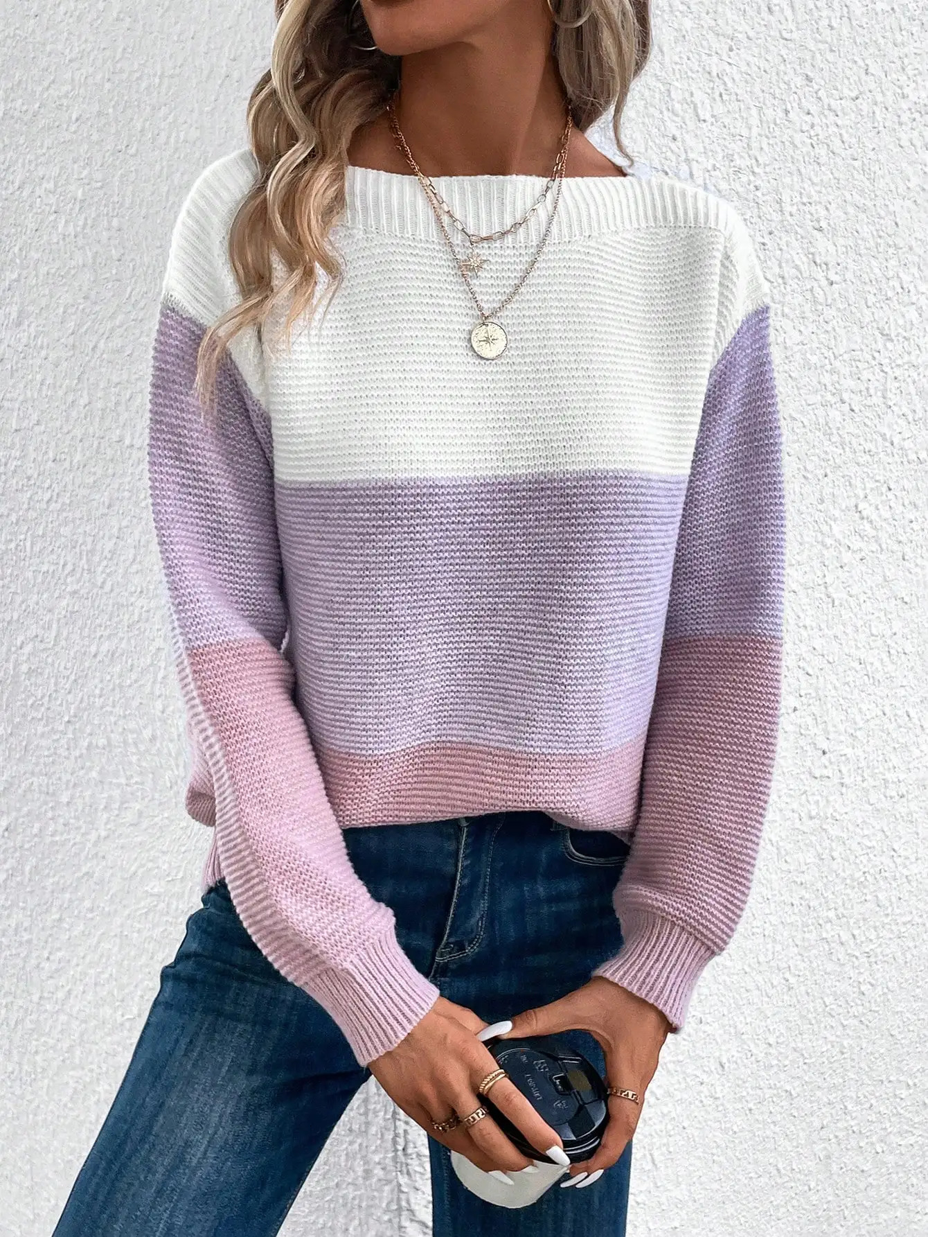 Elegant Threecolor Patchwork Sweater Women Daily Casual Loose Jumpers Female Autumn Winter Knitted Thickened Warm Tops 250530