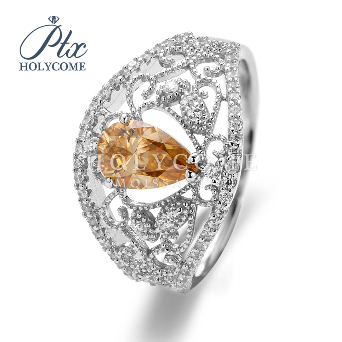 Classic Fine Jewelry 1Ct Moissanite Pear Champagne 925 Sterling Silver Wedding Ring Rhodium Plated Parties Anniversaries Ring for Women