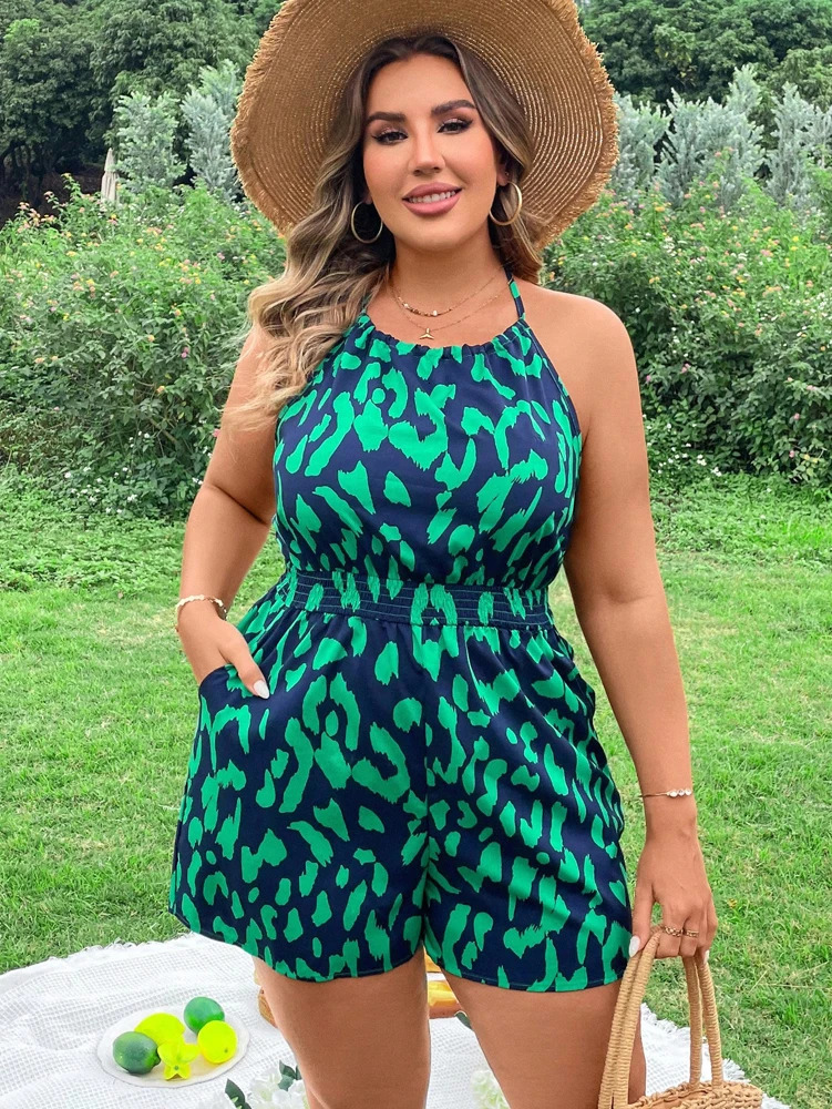 Plus Size Womens Streamlined Big Size Backless Neck Halter Jumpsuit Loose Casual Jumpsuit Summer Style 250605