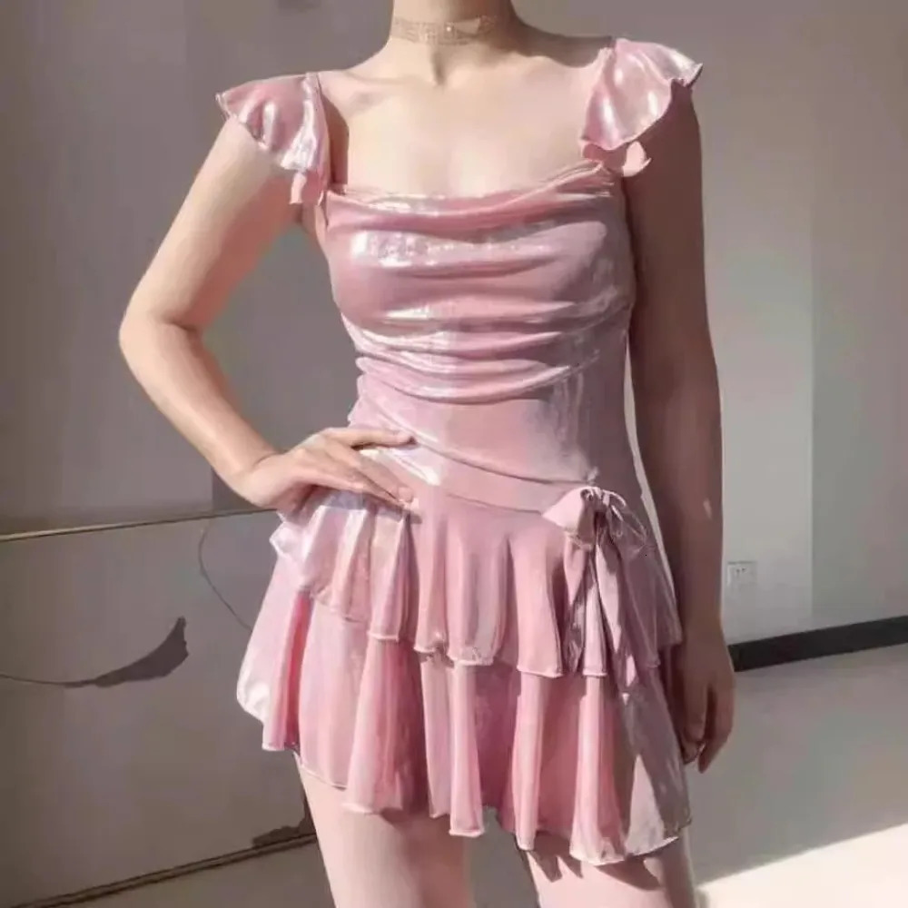 Women Solid Color Onepiece Dress Swimsuit Sexy Backless Slim Fit Sleeveless Pleated Dress 250604