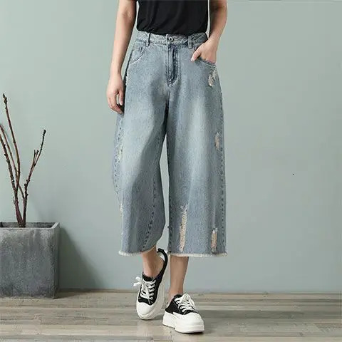 Ripped Jeans Woman CalfLength Pants Womens Wide Legs Loose Thin Summer Retro Denim High Waist Baggy Korean Fashion Clothes 250604