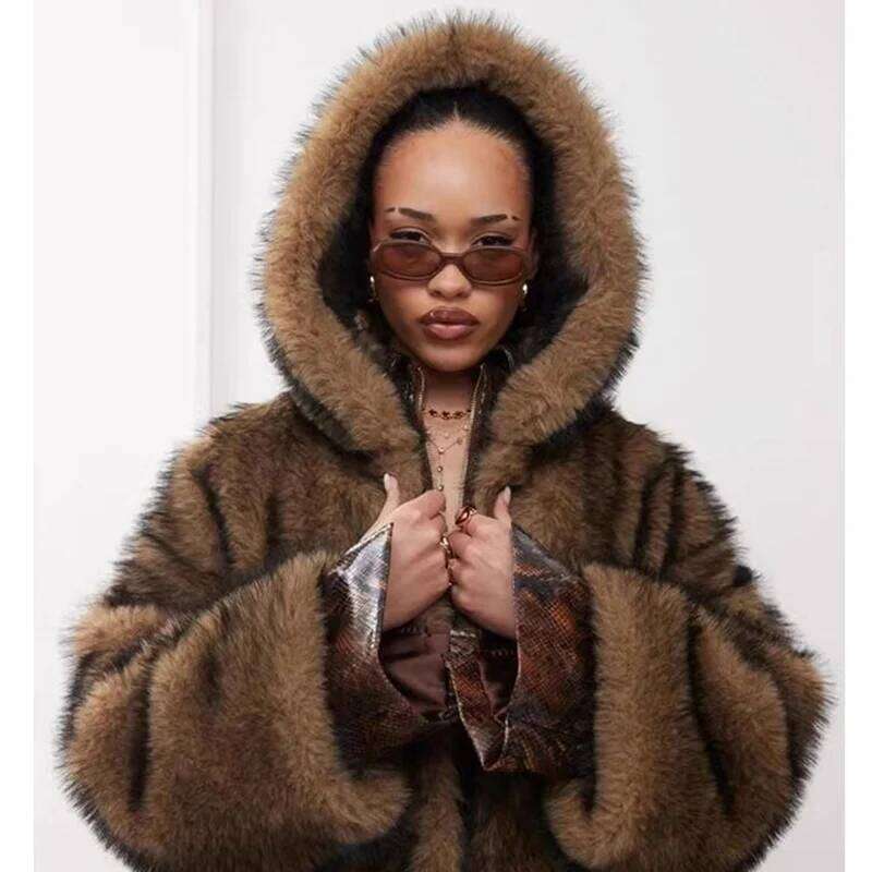 New faux fox fur Wolf skin coat, women's long winter thick and hooded