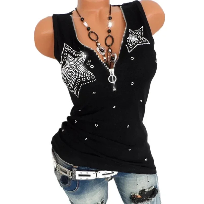 Sexy Harajuku T-shirt Blusas T Shirt Women Sleeveless Casual Y2K Top Tee Fashion Black Red Summer T-Shirt Woman Clothes V-Neck 250529