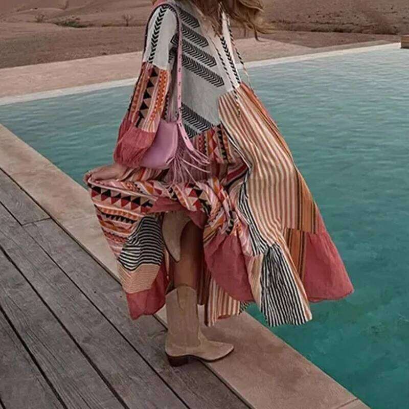 Fashion Printed Patchwork Loose Dresses Spring Women Retro Puff Sleeve Long New Summer High Waist V Neck Knee Length Dress